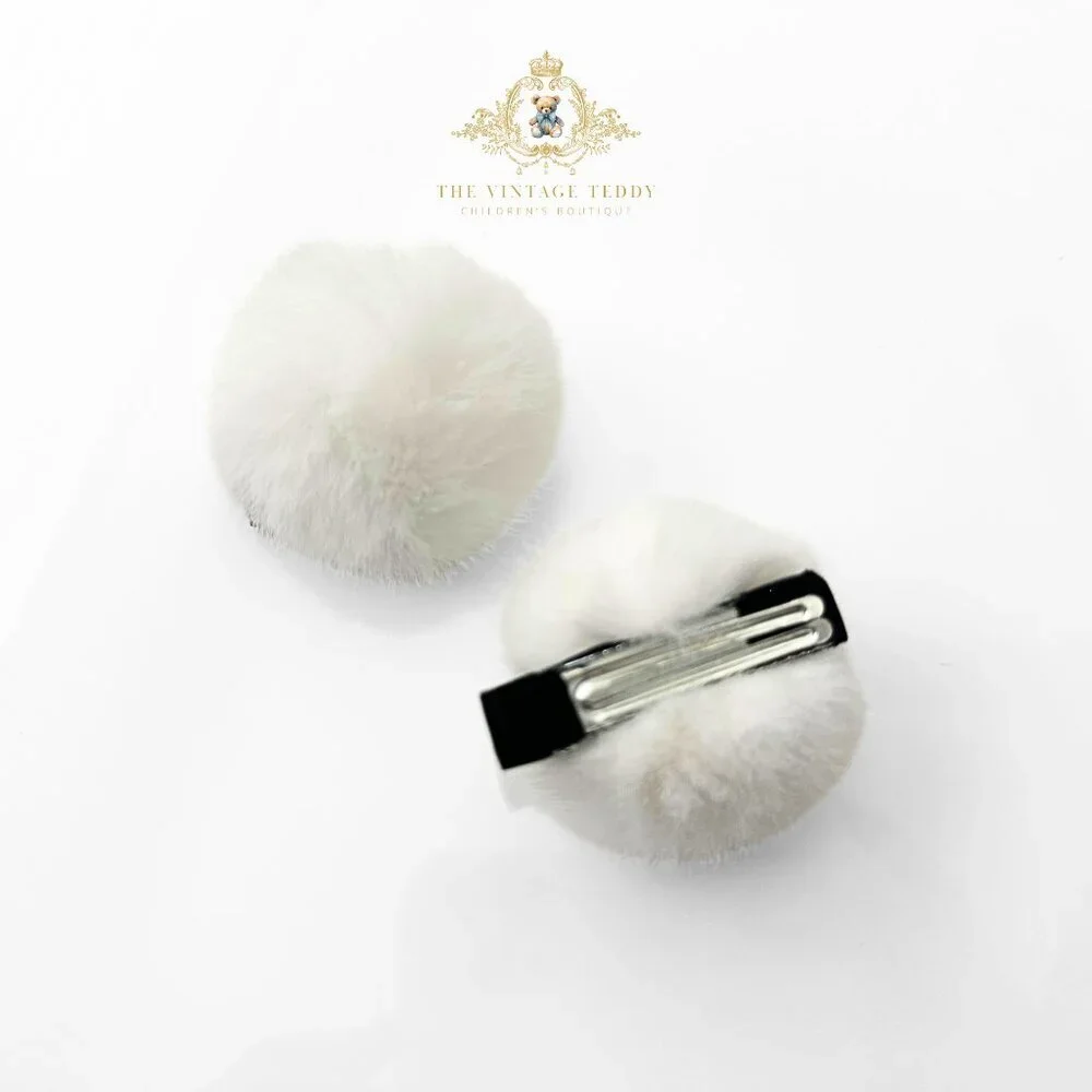 Cute Girls Pom Pom Hair Clips Boutique Hair Accessories for Girls Faux Fur White